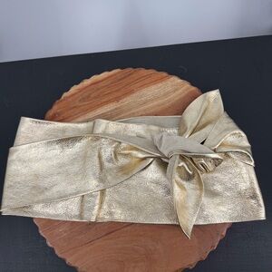 Suzi Roher metallic gold, leather obi-style wrap waist belt sz Medium tie wide